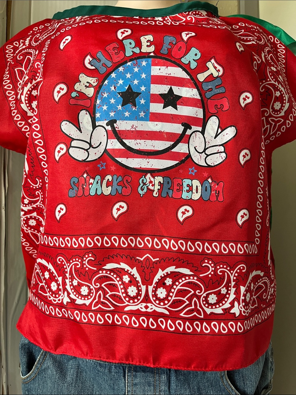 Ladies Red 'Snacks & Freedom' Graphic Bandana-Style Tee